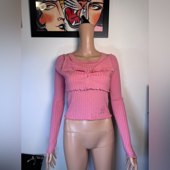 Blumarine Twin Knit Long Sleeve Sweater Tank Set in Bubblegum Pink Wool cardigan